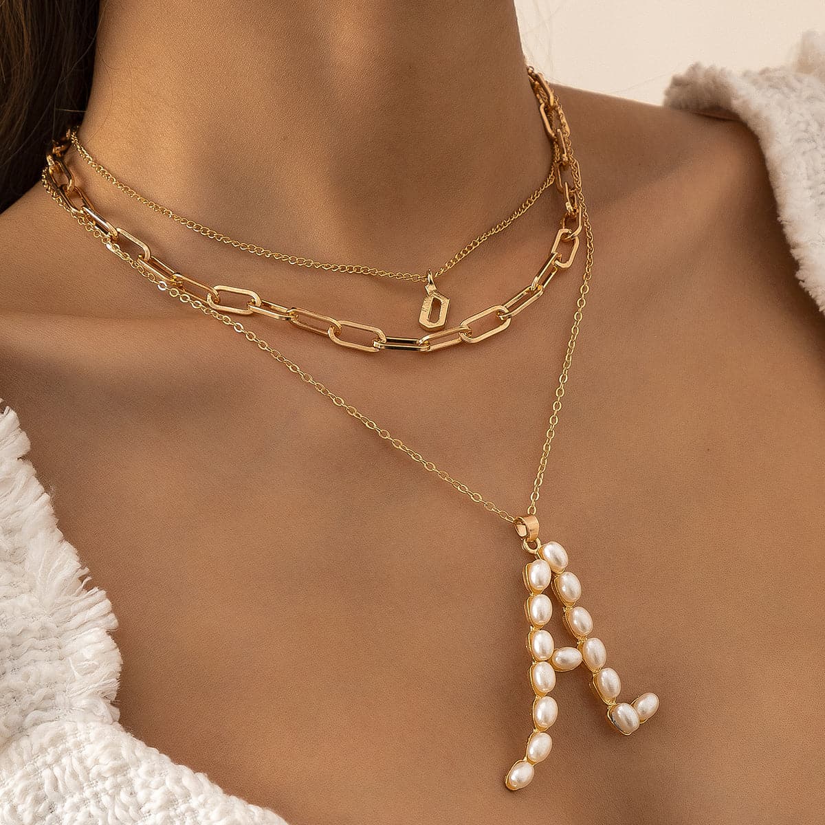 Pearl and 18K Gold-Plated 'A' Initial Pendant Necklace, gold pendant necklace for women, botanical inspired, front view