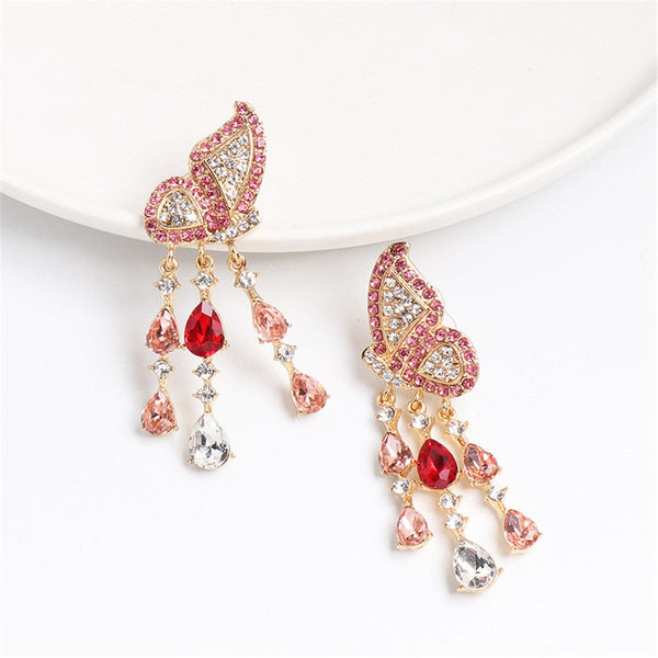 Red Cubic Zirconia & Crystal Tassel Butterfly Drop Earrings