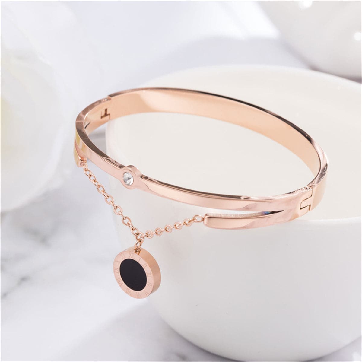 Cubic Zirconia & 18K Rose Gold-Plated Double-Layer Bangle