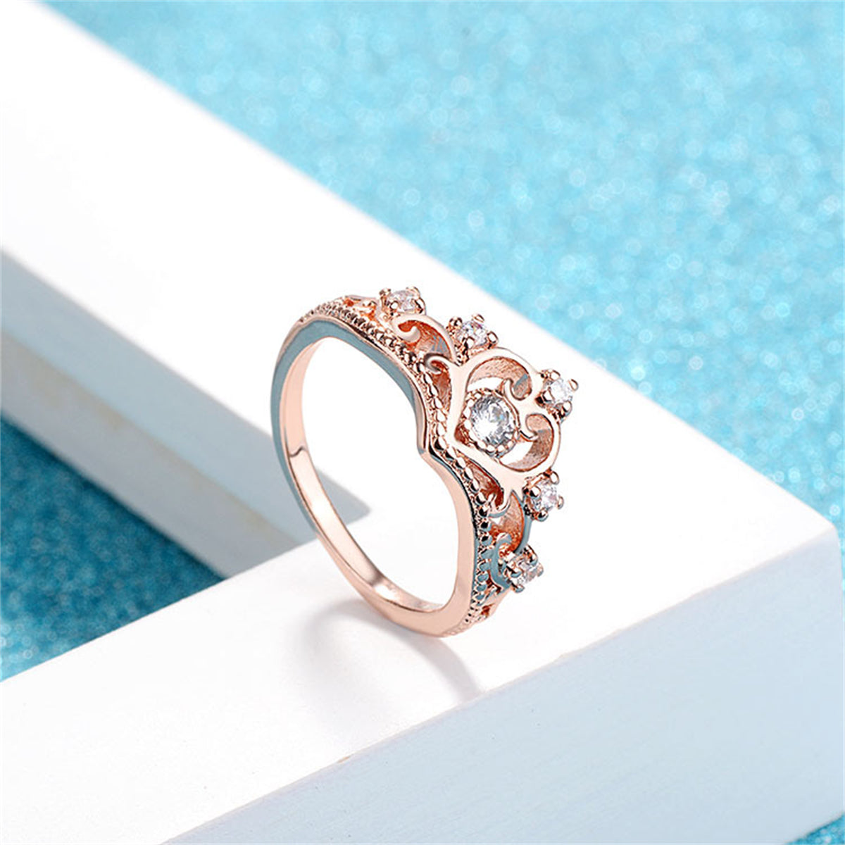 Crystal and Cubic Zirconia 18K Rose Gold-Plated Crown Ring, rose gold statement rings for women, everyday style, side view