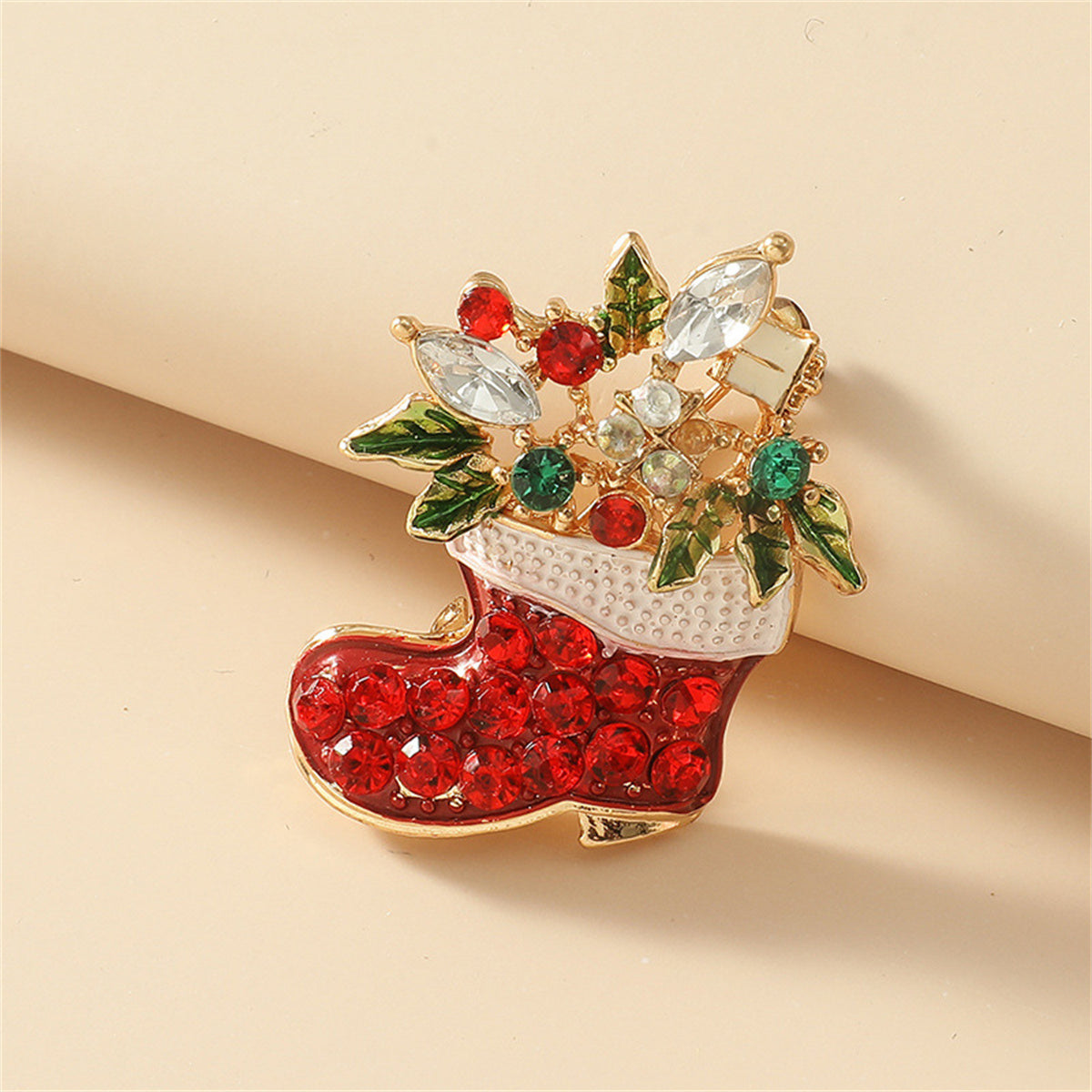 Crystal and Red Cubic Zirconia Christmas Stocking Brooch, brooch pin, everyday style, lifestyle look