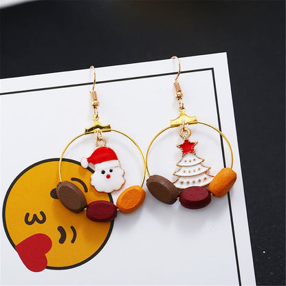 Wood and Santa Claus and Christmas Tree Drop Earrings, drop earrings for women, botanical inspired, side view
