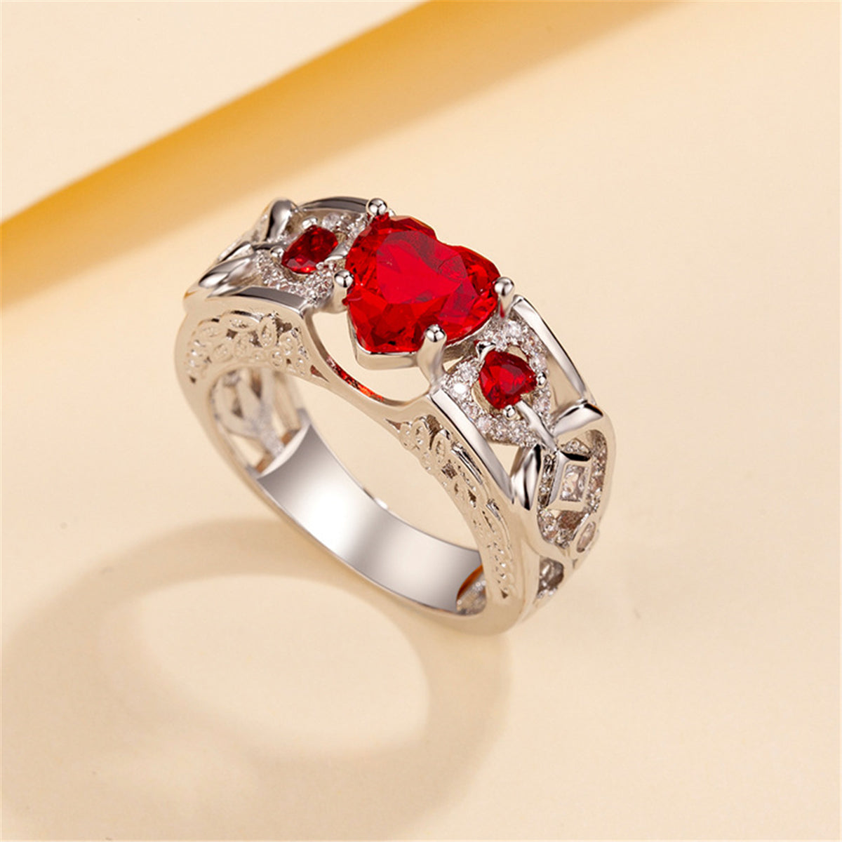 Red Crystal and Cubic Zirconia Heart Ring, statement rings for women, botanical inspired, front view