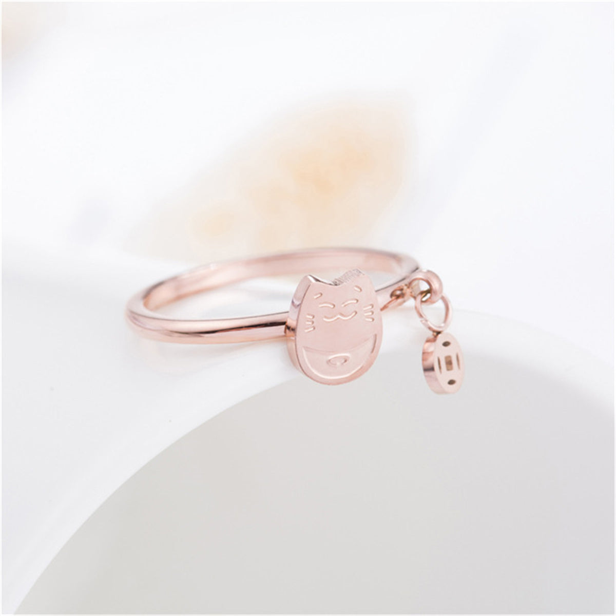 18K Rose Gold-Plated Kitty and Coin Ring, rose gold statement rings for women, elegant gift for her, lifestyle look