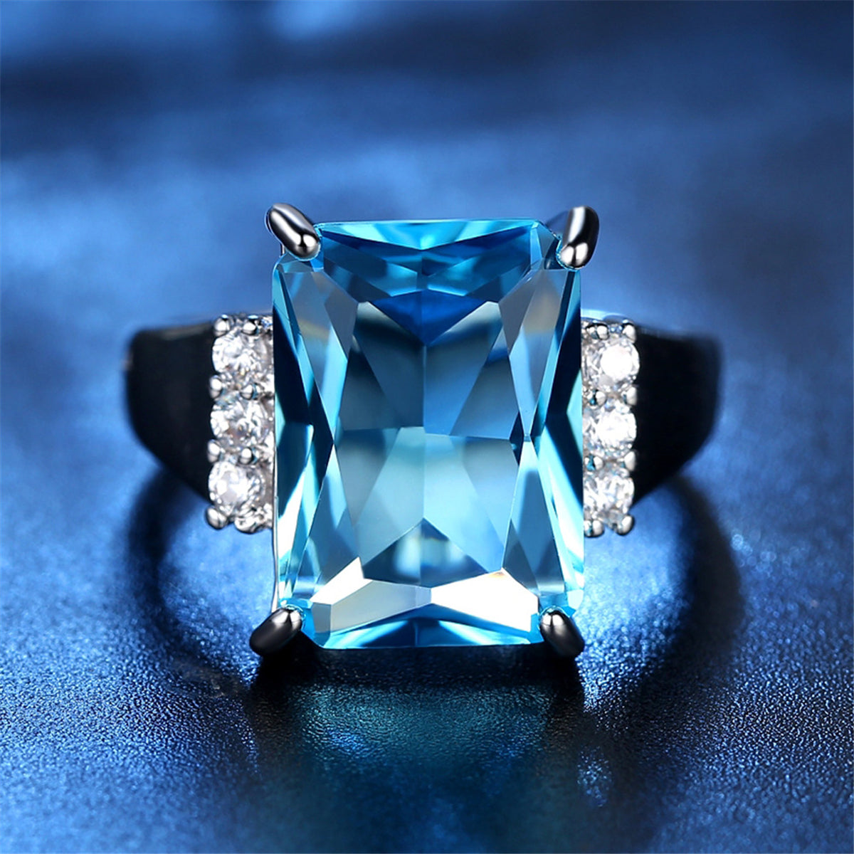 Blue Crystal and Cubic Zirconia Princess-Cut Ring, statement rings for women, botanical inspired, detail close-up