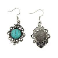 Reconstituted Turquoise & Silver-Plated Floral Drop Earrings
