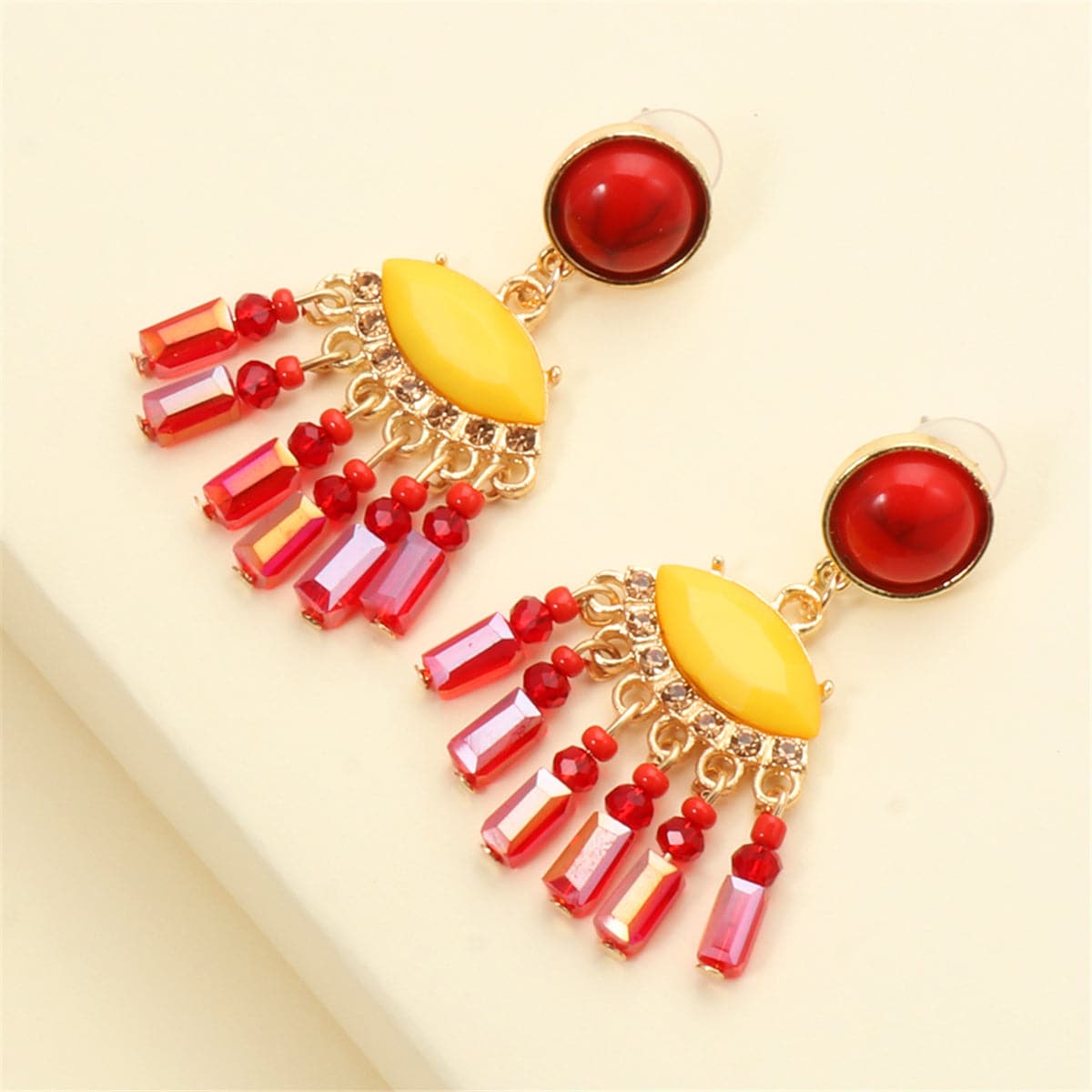 Turquoise and Red Cubic Zirconia Tassel Drop Earrings, drop earrings for women, botanical inspired, detail close-up