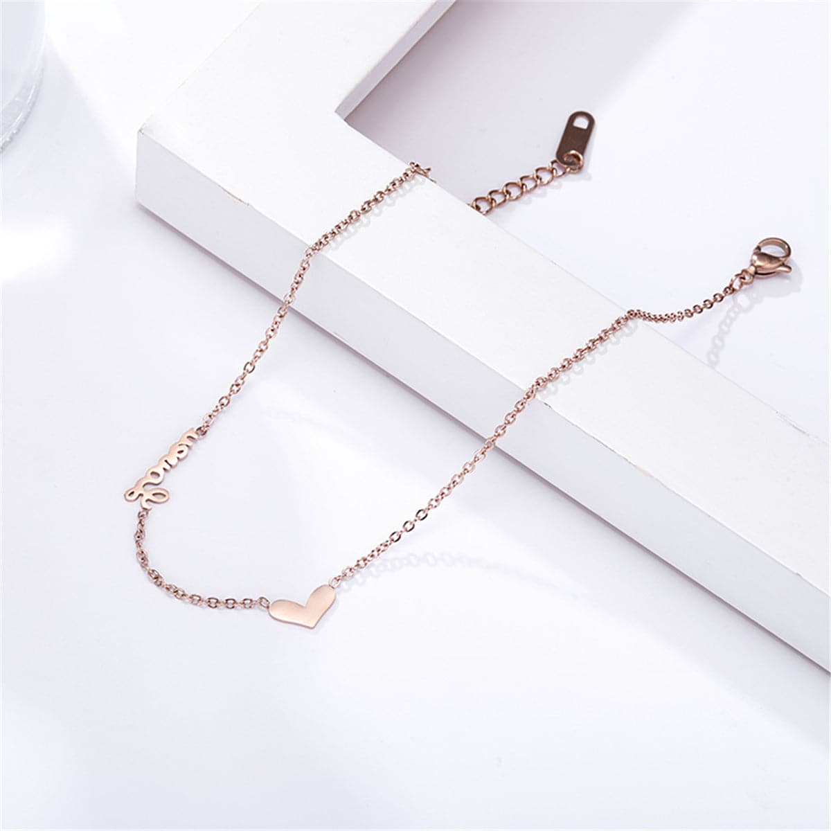 18K Rose Gold-Plated Heart 'Love' Anklet, rose gold anklet bracelet, vintage-inspired design, side view
