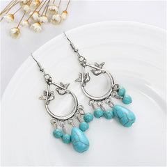 Turquoise & Silver-Plated Bird Teardrop Earrings