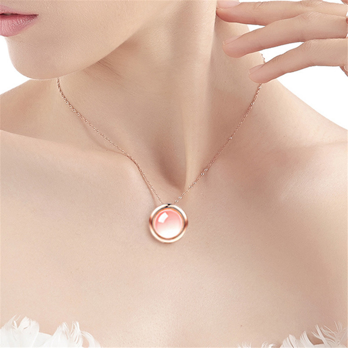 Pink Cats Eye and 18K Rose Gold-Plated Bezel-Set Pendant Necklace, rose gold pendant necklace for women, lifestyle look