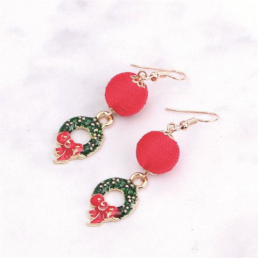 Red Polyster and Green Enamel Wreath Ball Drop Earrings, drop earrings for women, everyday style, front view