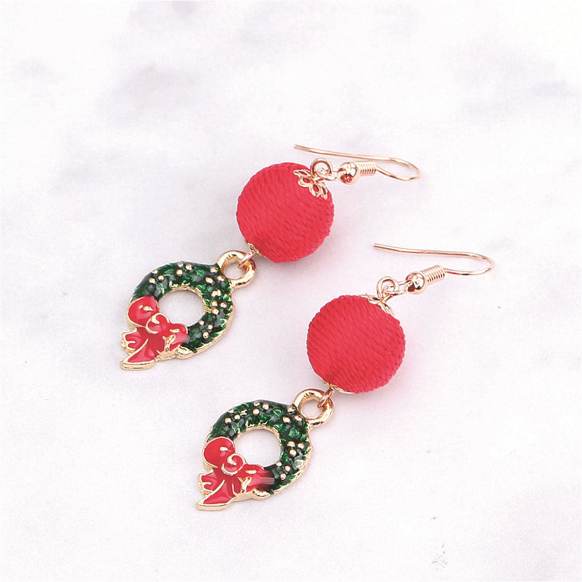 Red Polyster & Green Enamel Wreath Ball Drop Earrings