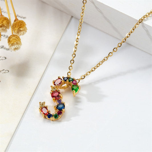Red Multicolor Crystal and Cubic Zirconia Letter S Pendant Necklace, pendant necklace for women, front view
