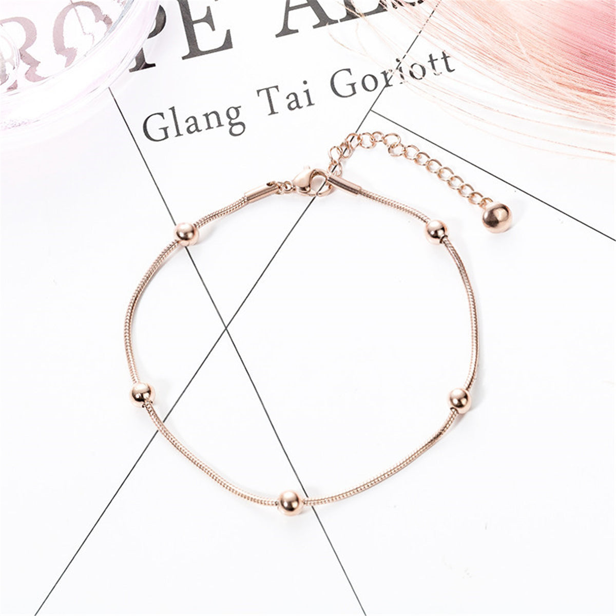 18K Rose Gold-Plated Station Anklet, rose gold anklet bracelet, elegant gift for her, detail close-up