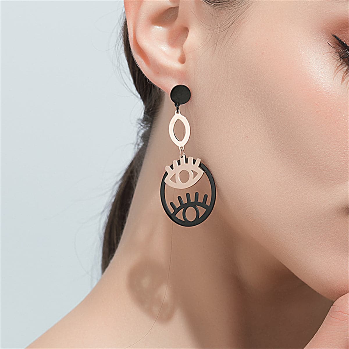 Black and 18K Rose Gold-Plated Double Eyes Drop Earrings, rose gold drop earrings for women, front view
