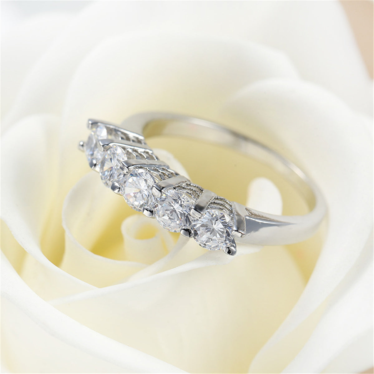 Crystal and Silver-Plated Five-Stone Ring, silver statement rings for women, elegant gift for her, detail close-up