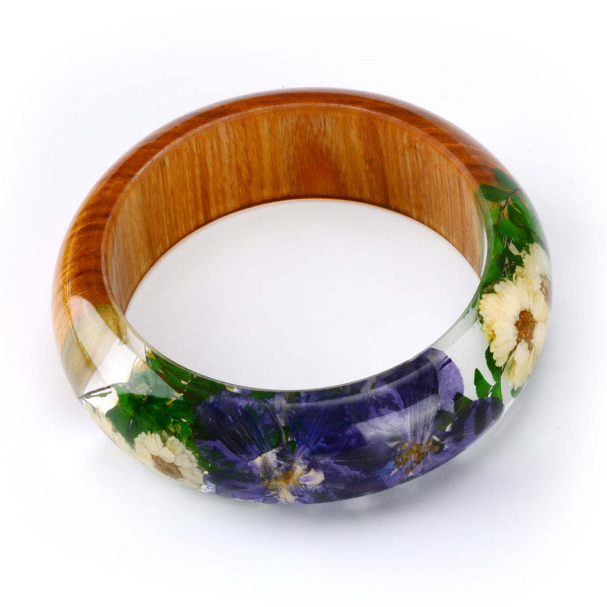 Blue Dried Flower and Resin Wood Bangle, bangle bracelet, botanical inspired, detail close-up