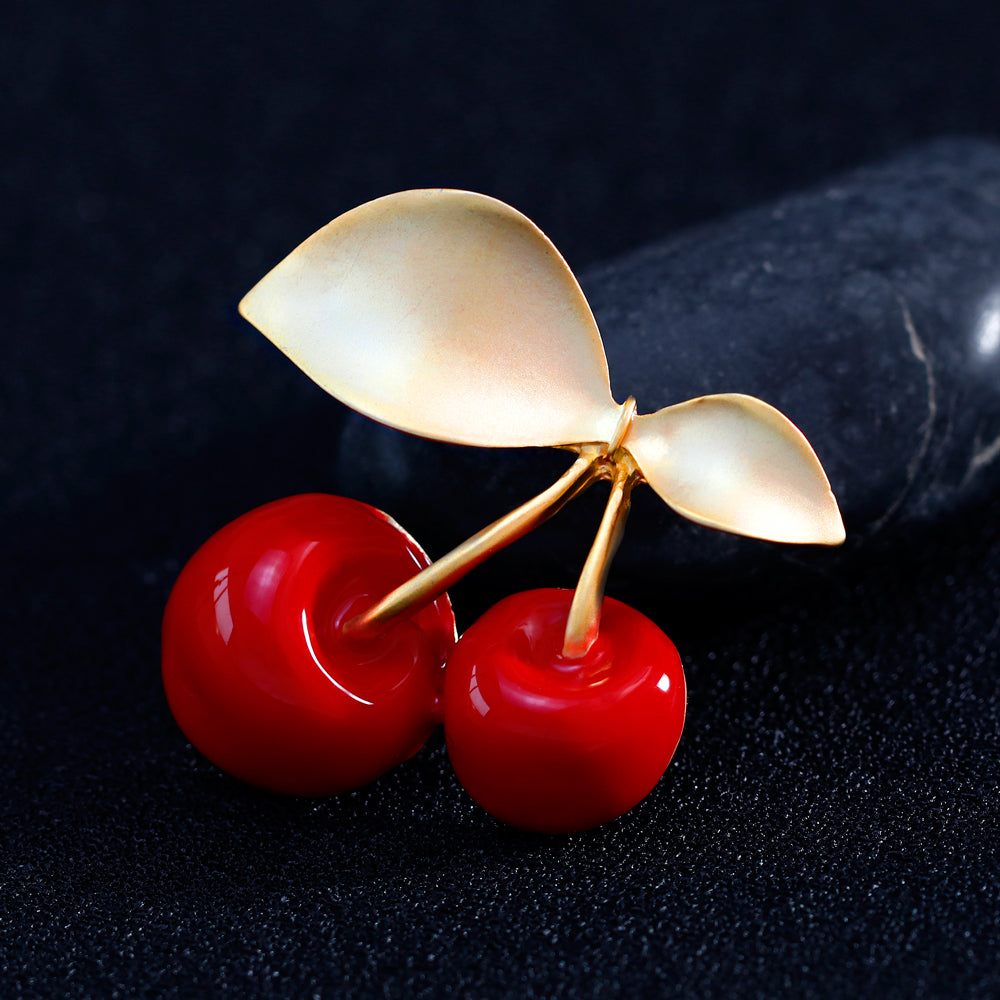 Red & 18K Gold-Plated Cherry Brooch