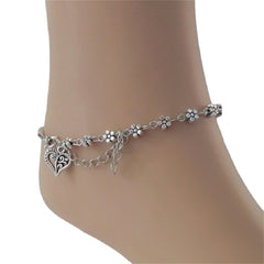 Silver-Plated Flower Station Heart Charm Anklet