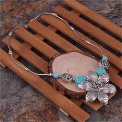 Turquoise & Silver-Plated Flower Pendant Necklace