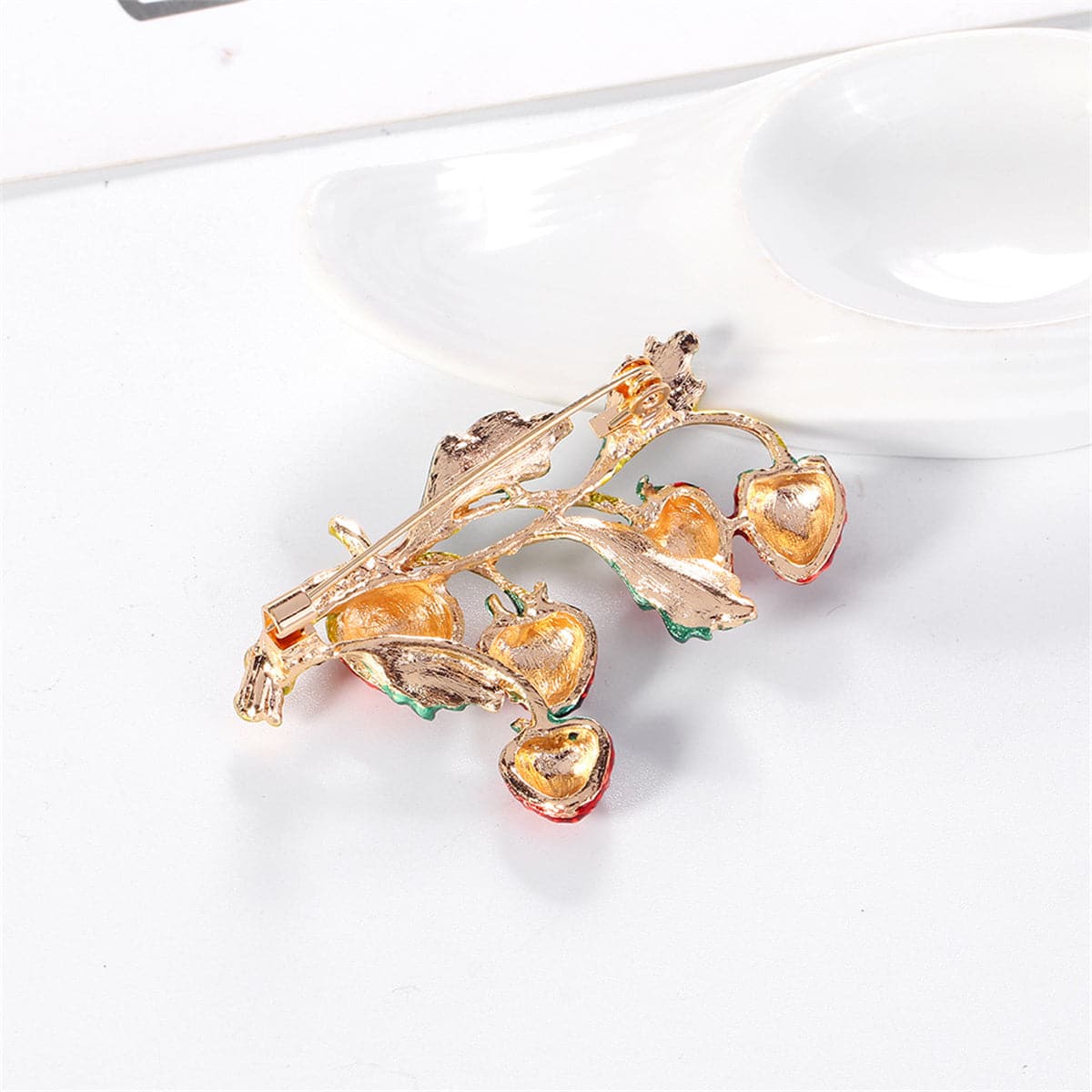 Red Enamel and 18K Gold-Plated Strawberries Brooch, gold brooch pin, vintage-inspired design, styled look