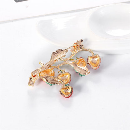 Red Enamel and 18K Gold-Plated Strawberries Brooch, gold brooch pin, vintage-inspired design, styled look