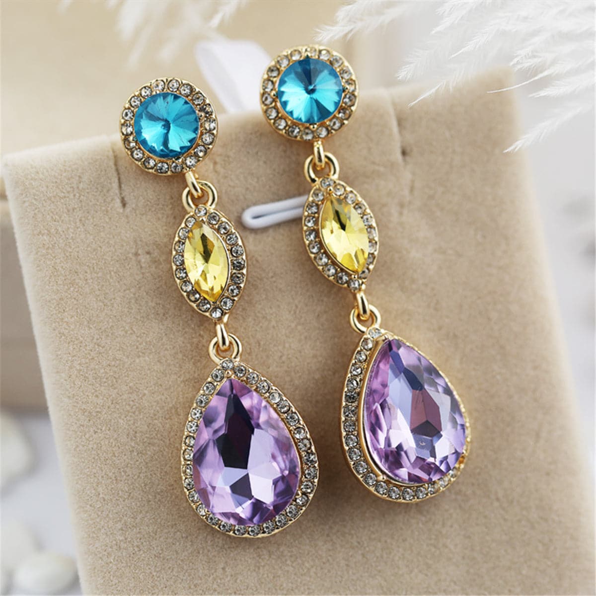 Purple & Blue Crystal Cubic Zirconia Teardrop Earrings