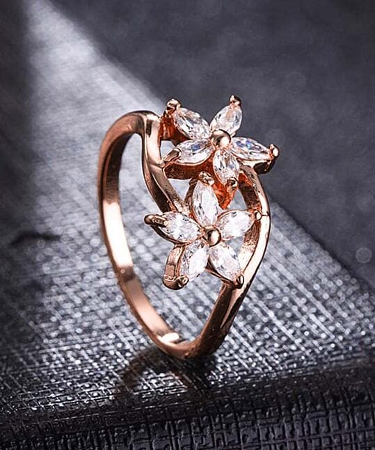 Crystal and 18K Rose Gold-Plated Double Clover Ring, rose gold statement rings for women, dainty minimalist design, side view