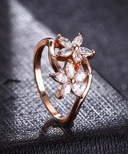 Crystal and 18K Rose Gold-Plated Double Clover Ring, rose gold statement rings for women, dainty minimalist design, side view