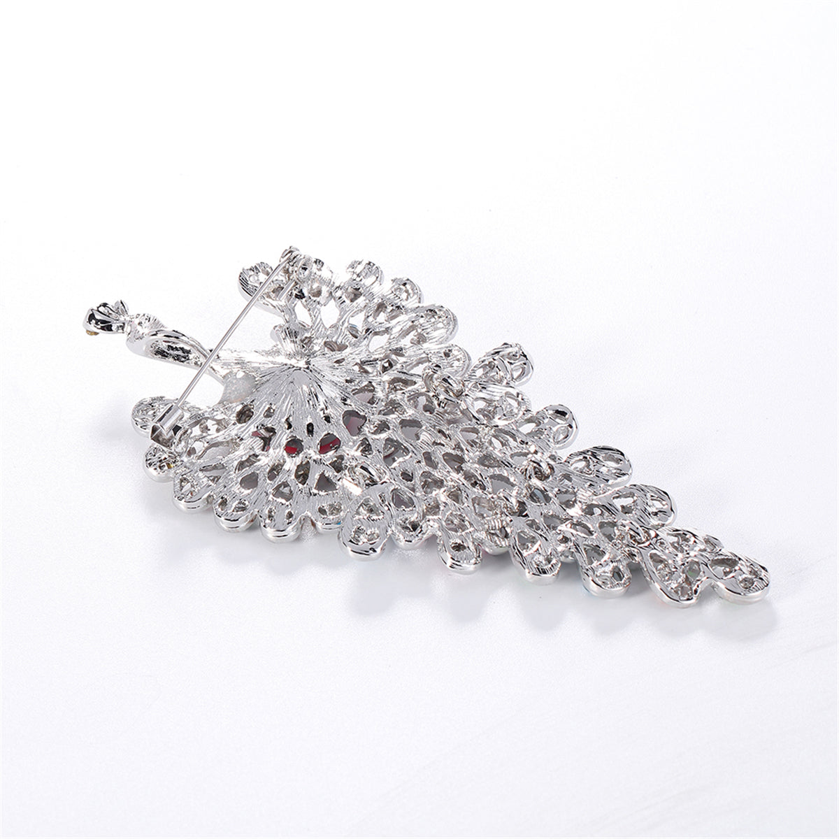 Pink and Multicolor Cubic Zirconia and Silver-Plated Peacock Brooch, silver brooch pin, elegant gift for her, detail close-up