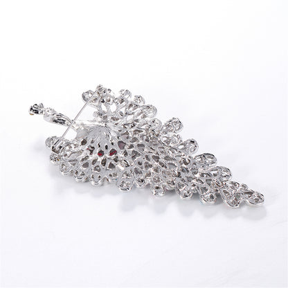 Pink and Multicolor Cubic Zirconia and Silver-Plated Peacock Brooch, silver brooch pin, elegant gift for her, detail close-up