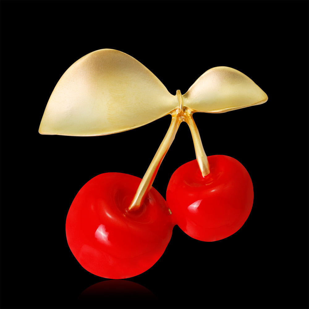 Red and 18K Gold-Plated Cherry Brooch, gold brooch pin, dainty minimalist design, styled look
