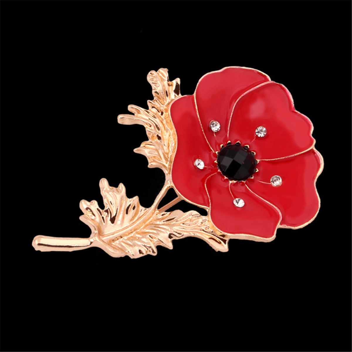 Red Enamel and Black Cubic Zirconia 18K Gold-Plated Flower Brooch, gold brooch pin, elegant gift for her, detail close-up