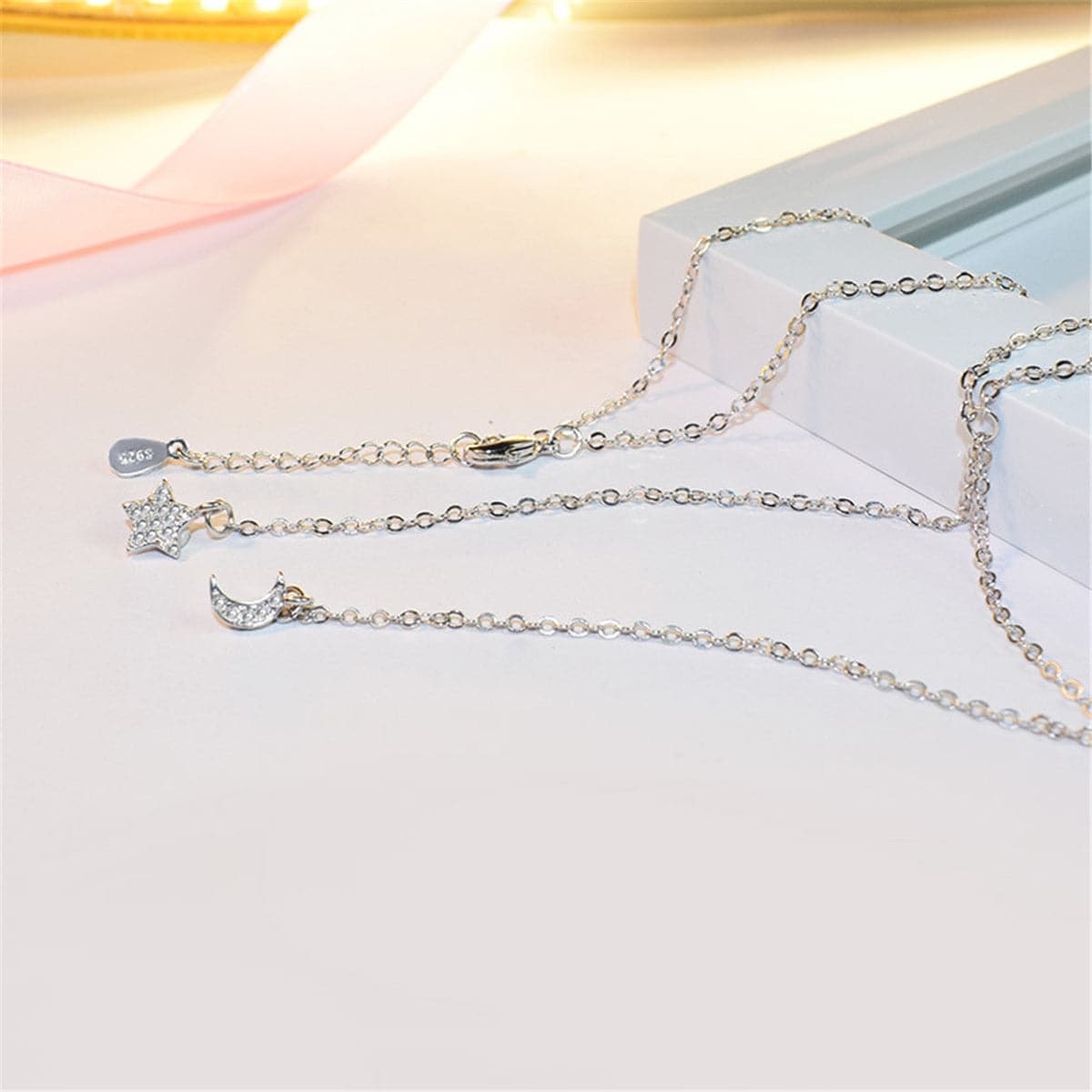 Cubic Zirconia & Silver-Plated Star & Moon Pendant Necklace