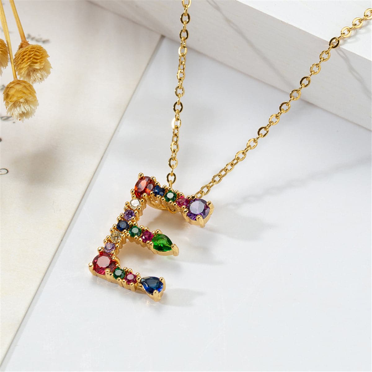 Red Multicolor Crystal and Cubic Zirconia Letter E Pendant Necklace, pendant necklace for women, front view