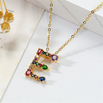 Red Multicolor Crystal and Cubic Zirconia Letter E Pendant Necklace, pendant necklace for women, front view