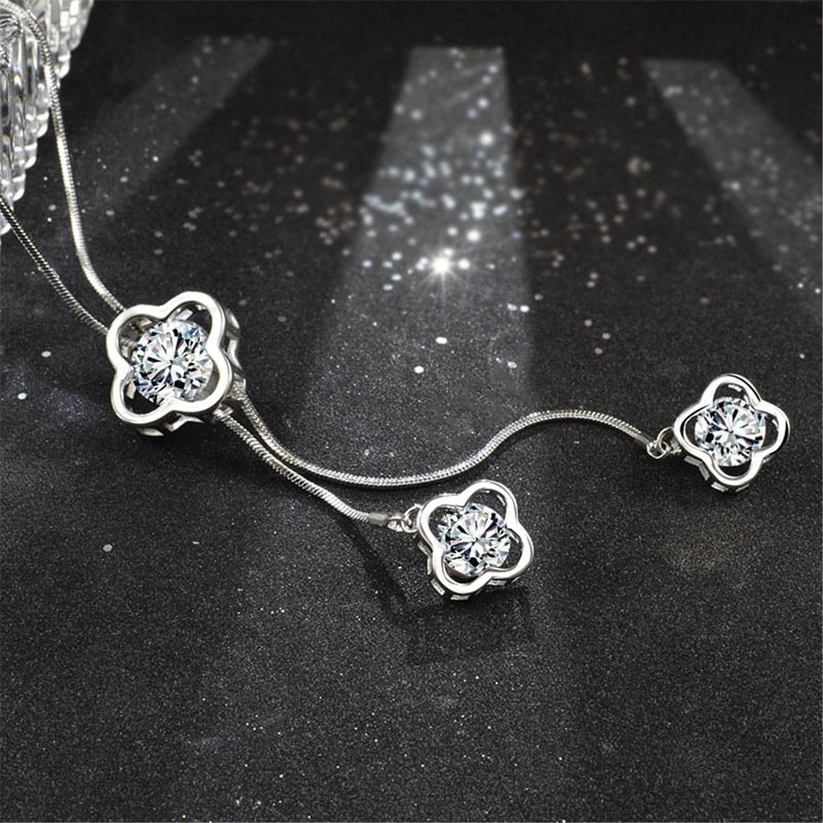 Cubic Zirconia & Silver-Plated Triple-Clover Pendant Necklace
