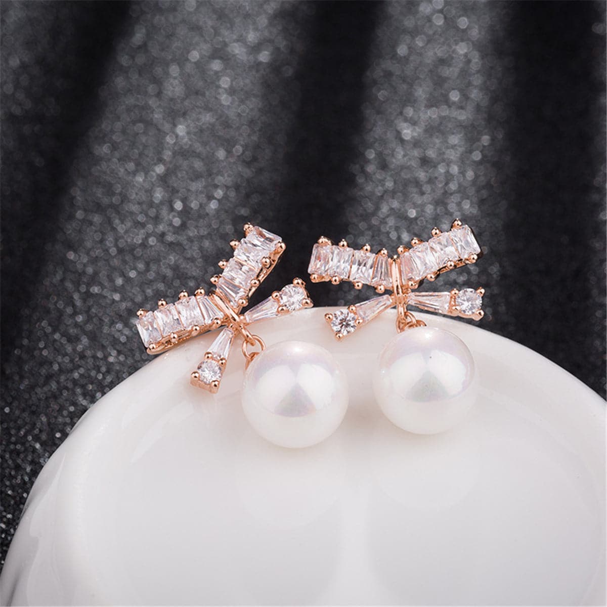 Cubic Zirconia & Pearl 18k Rose Gold-Plated Bow Drop Earrings