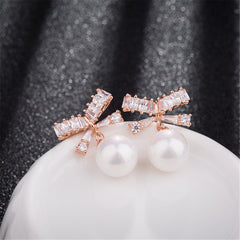 Cubic Zirconia & Pearl 18k Rose Gold-Plated Bow Drop Earrings