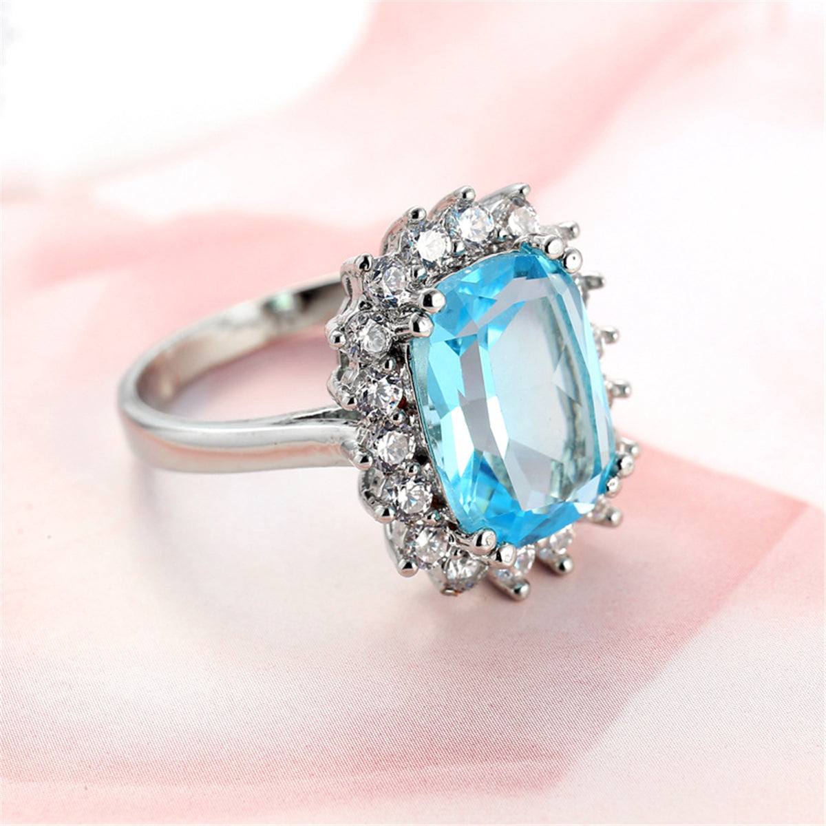 Blue Crystal Princess-Cut Floral Halo Ring, statement rings for women, elegant gift for her, front view