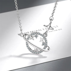 Cubic Zirconia & Silver-Plated Planet Pendant Necklace