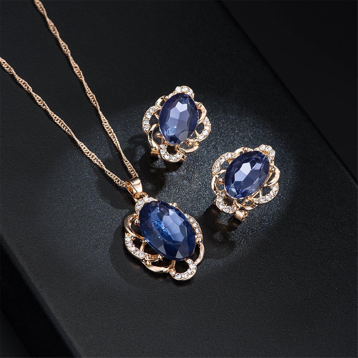 Blue & 18K Rose Gold-Plated Oval Pendant Necklace & Stud Earrings