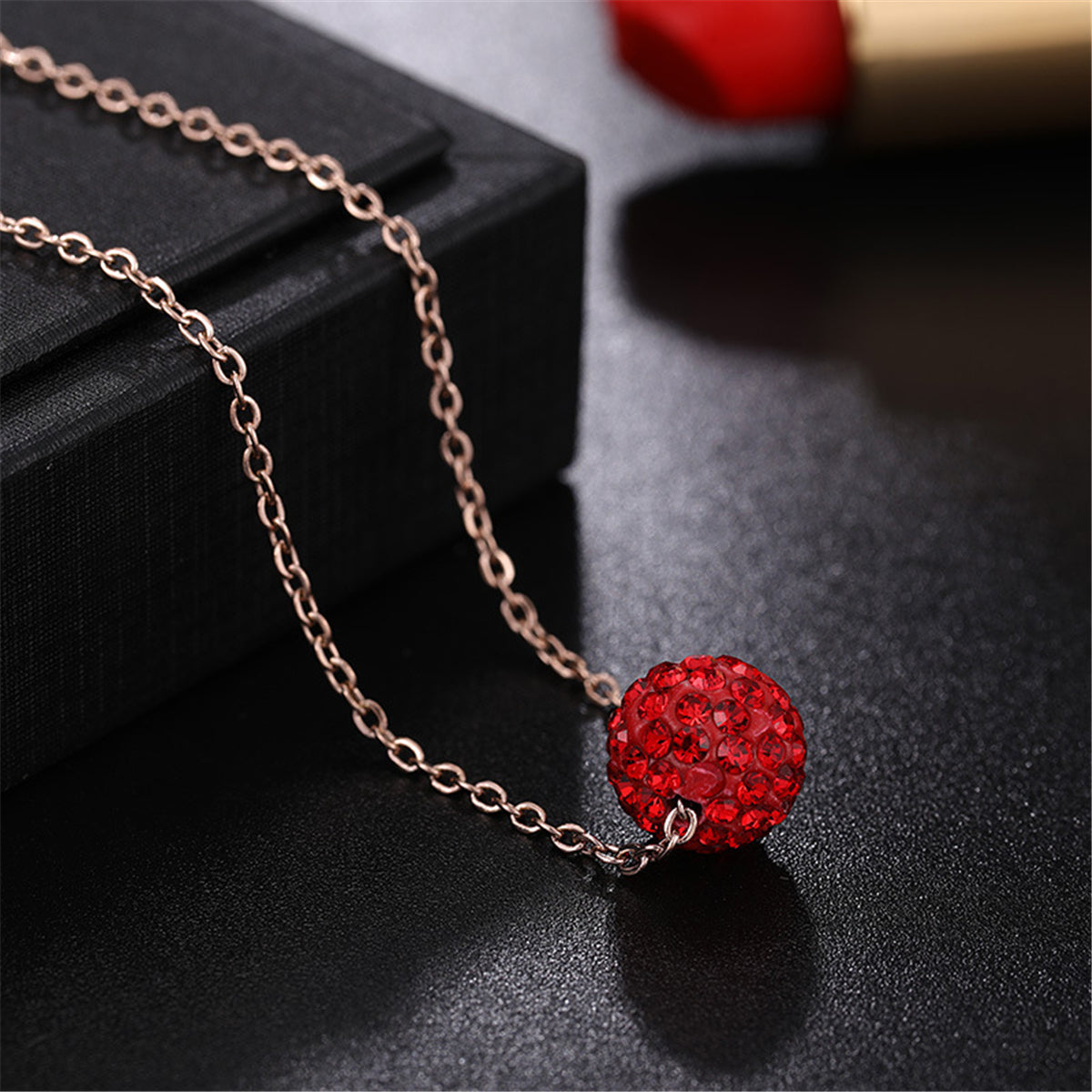 Red Cubic Zirconia and 18K Rose Gold-Plated Ball Pendant Necklace, rose gold pendant necklace for women, detail close-up