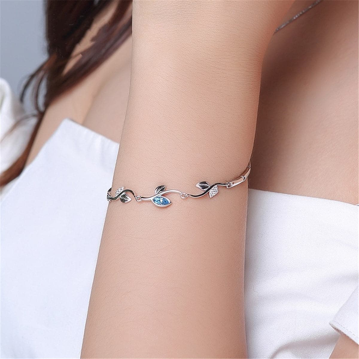 Aqua cubic zirconia & Silver-Plated Vine Bracelet - streetregion