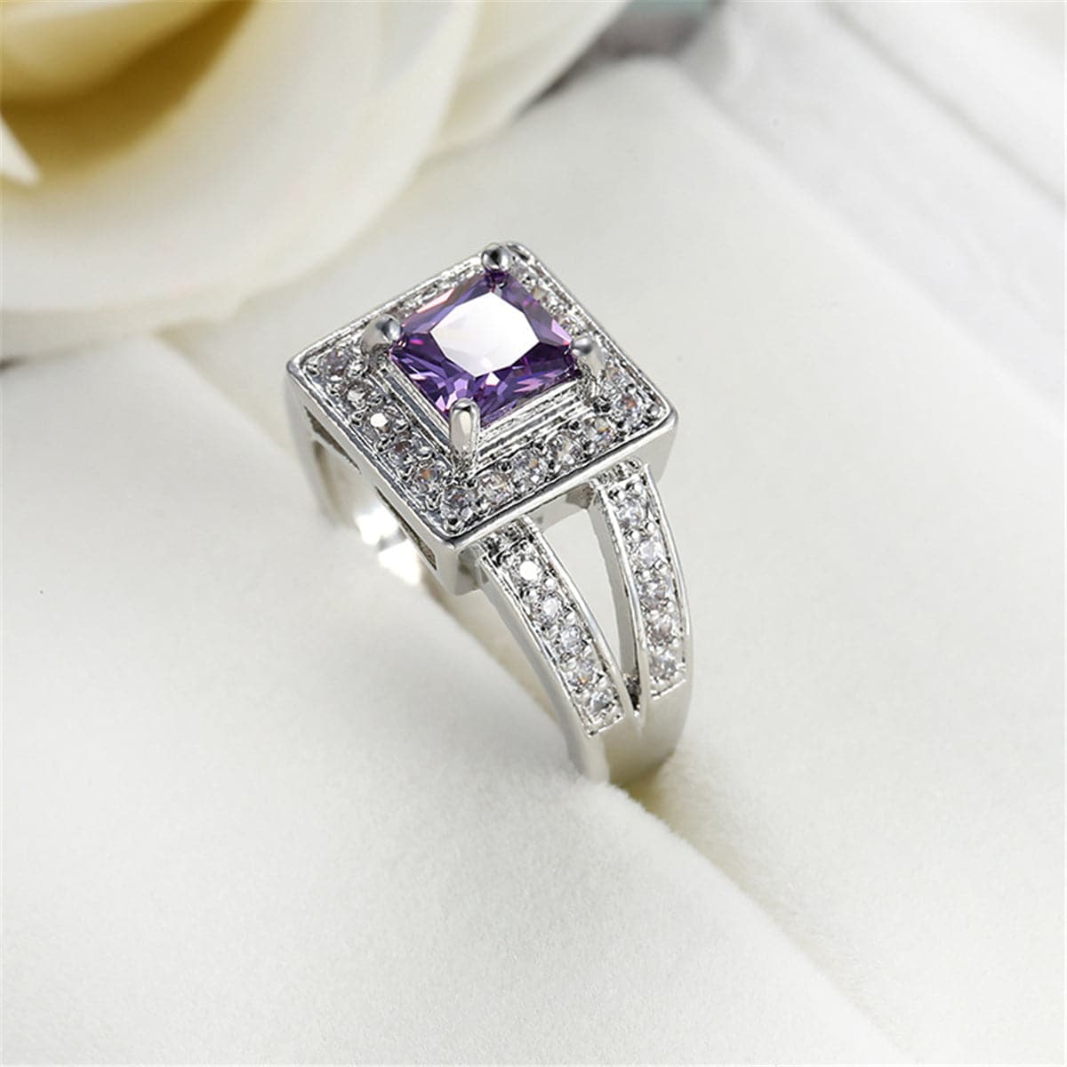 Purple Crystal & Cubic Zirconia Silver-Plated Halo Princess-Cut Ring