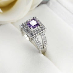 Purple Crystal & Cubic Zirconia Silver-Plated Halo Princess-Cut Ring