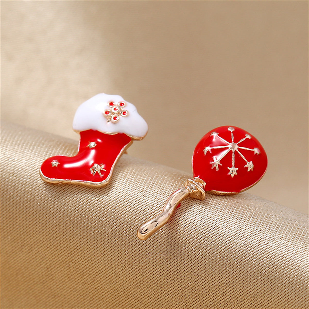 Red Enamel and 18K Gold-Plated Boot and Balloon Stud Earrings, gold stud earrings for women, detail close-up