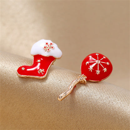 Red Enamel and 18K Gold-Plated Boot and Balloon Stud Earrings, gold stud earrings for women, detail close-up
