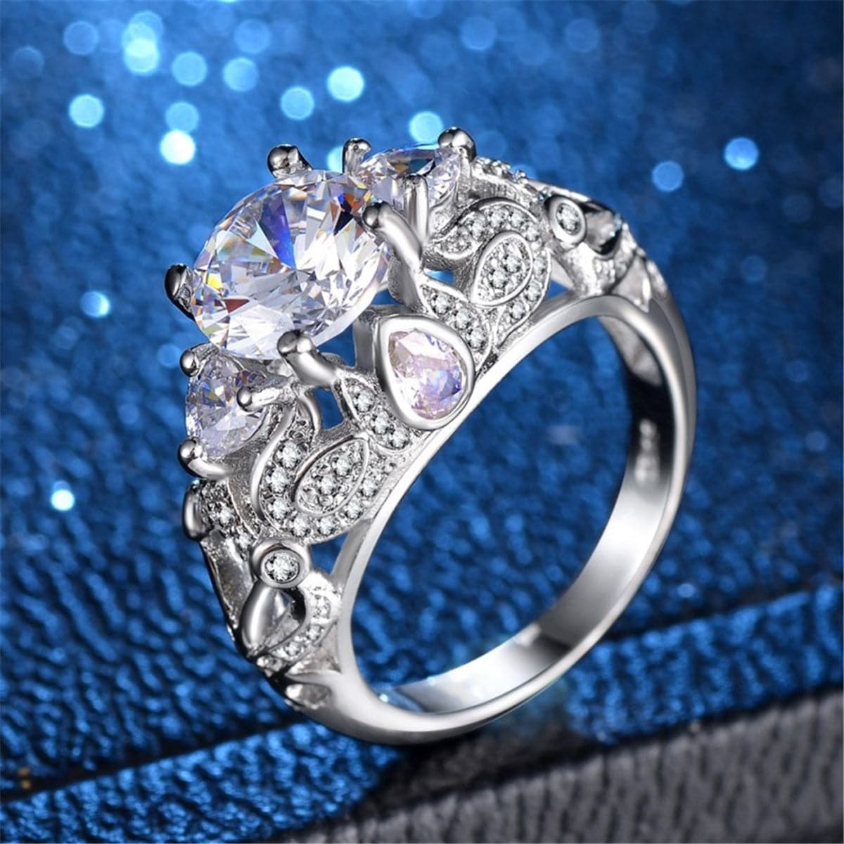 Cubic Zirconia and Crystal Silver-Plated Floral-Accent Prong Ring, silver statement rings for women, side view