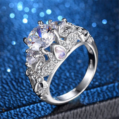 Cubic Zirconia & Crystal Silver-Plated Floral-Accent Prong Ring